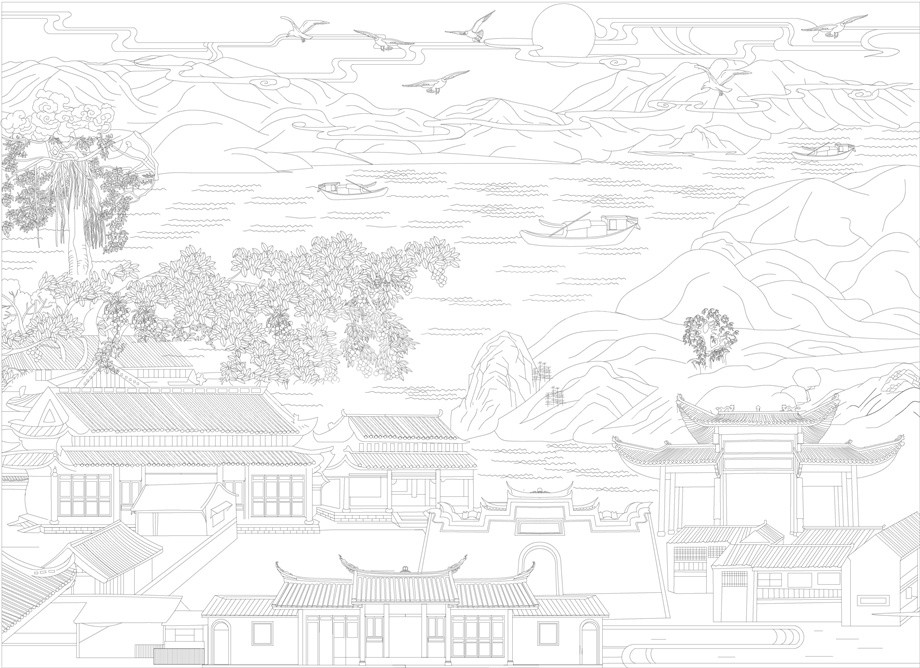山水风景浮雕雕塑原创手绘设计稿